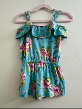 Yamp! Girls Tropical Floral Ruffle Romper Turquoise Size 3T